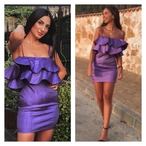 ZARA Blogger Favorite Metallic Purple Ruffle Mini Dress Size XS Party Flirty - Picture 11 of 12